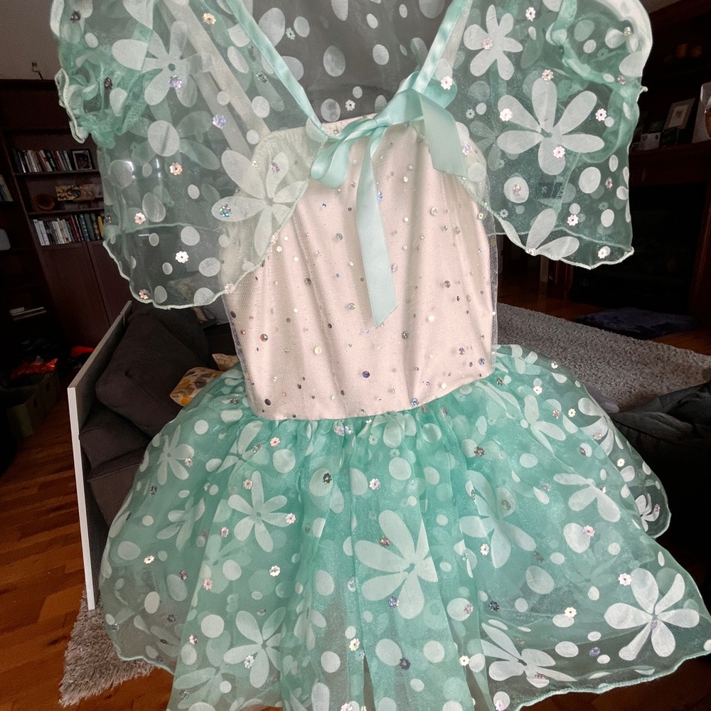 Green and White Dance Costume with Floral Design